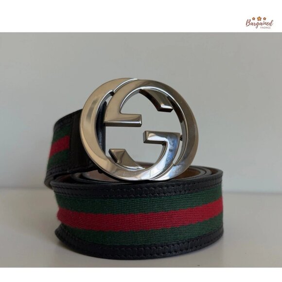 Authentic Gucci Web Green/Red Canvas Silver Interlocking G Buckle Belt 95/38 - Picture 13 of 14